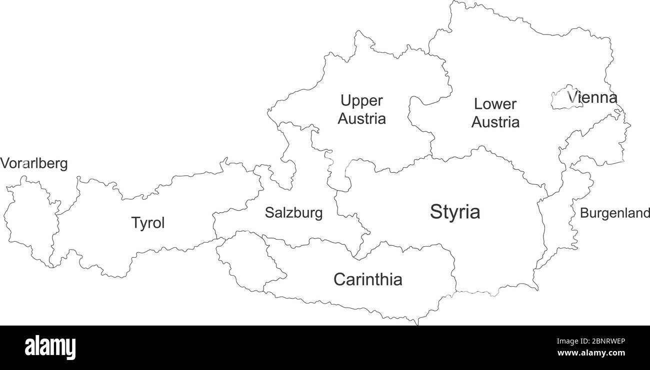 Mappa politica austriaca con etichette. Perfetto per concetti aziendali, sfondi, sfondo, poster, adesivi, banner, etichetta, grafico e sfondo. Illustrazione Vettoriale