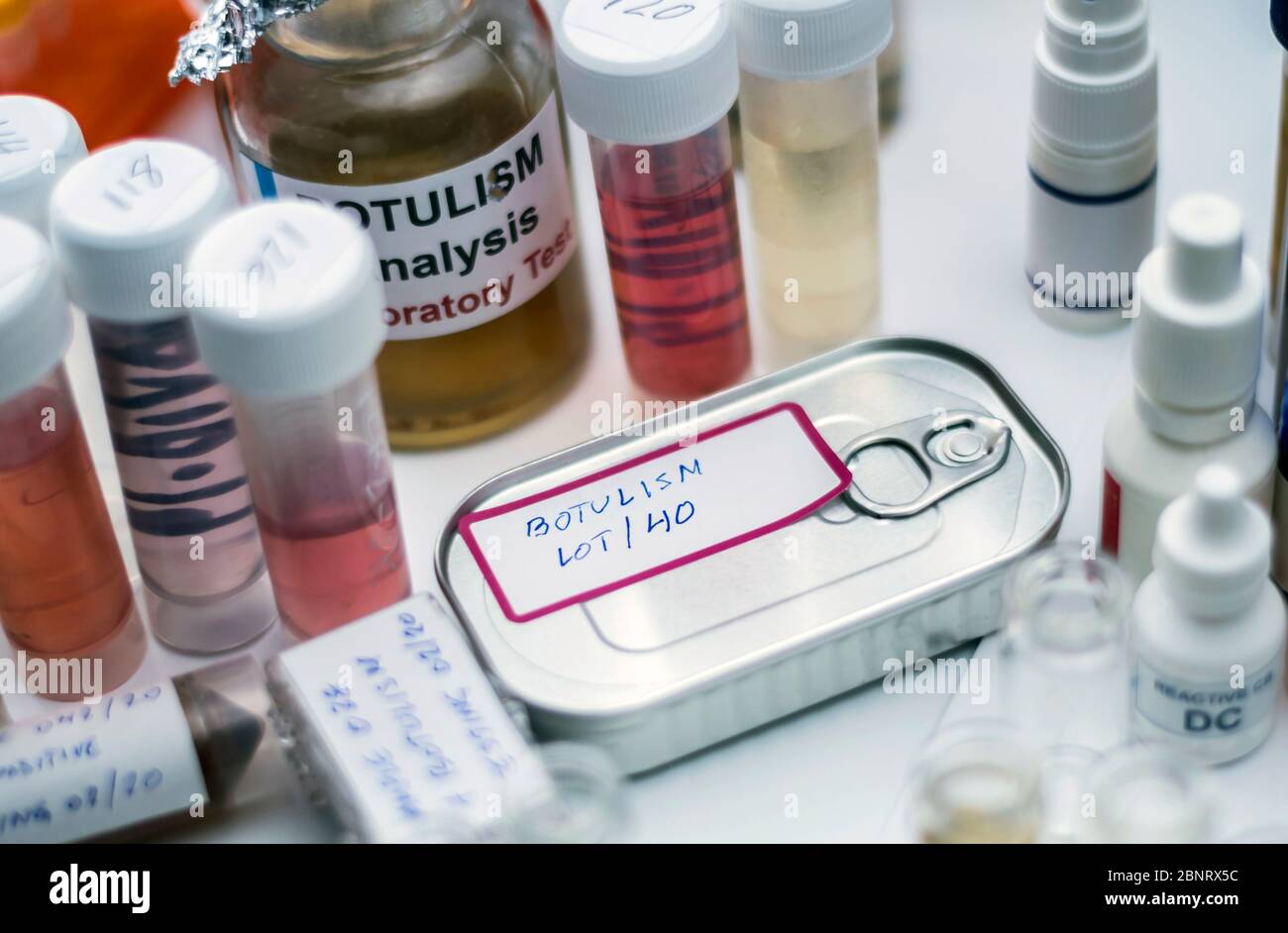 Il cibo in scatola può essere contaminato dalla tossina botulinica Clostridium che causa botulismo negli esseri umani, ricerca di laboratorio, immagine concettuale Foto Stock