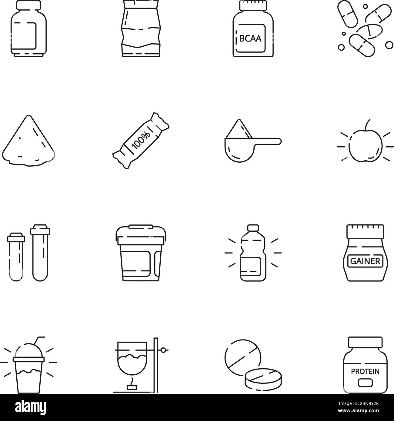 Icona nutrizione sportiva. Vitamina supplemento attivo cibo fitness industria pillole siero proteine salute vettore simboli linea sottile Illustrazione Vettoriale