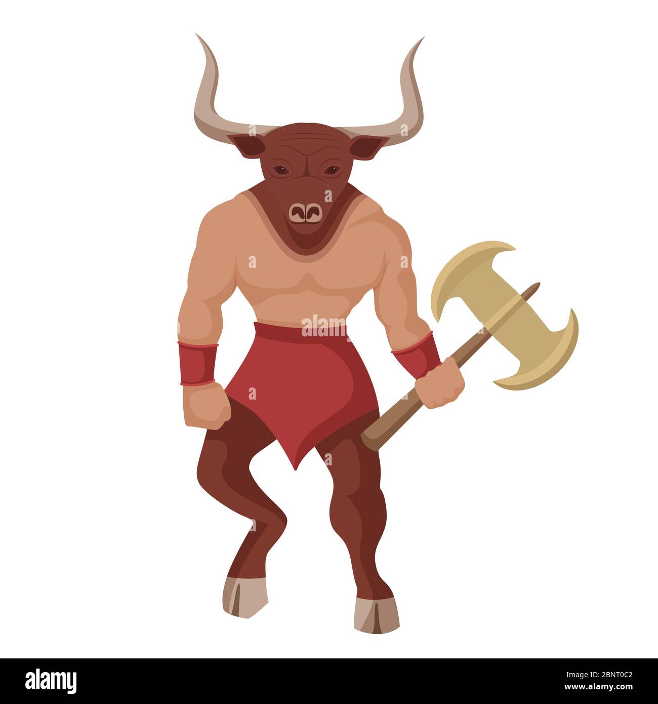 Minotauro con ascia da battaglia. Mitico greco colorato potente creatura il mezzo toro umano. Illustrazione Vettoriale