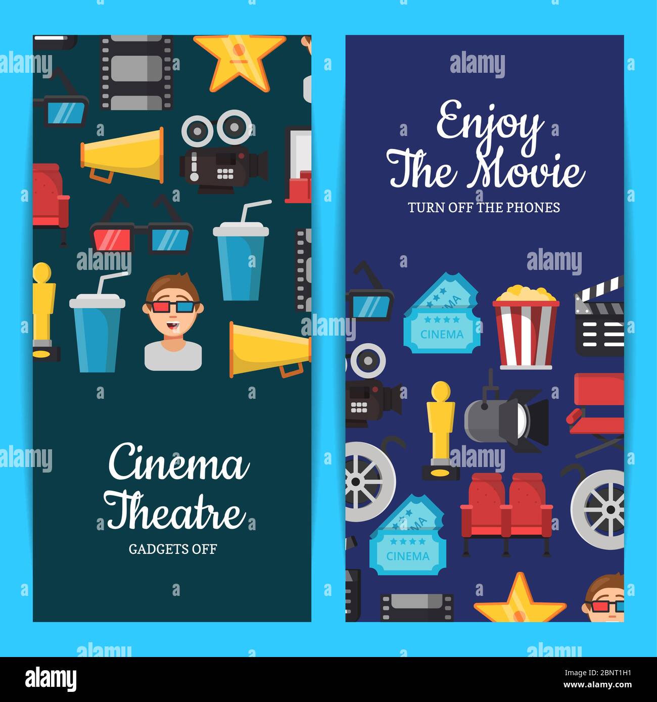 Icone di cinema piatto vettoriale immagine di modelli di banner Web Illustrazione Vettoriale