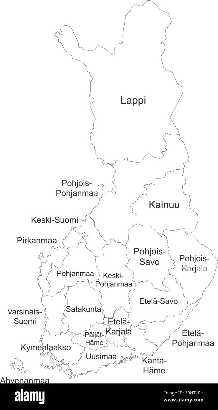 Mappa delle province della Finlandia con il vettore delle etichette dei nomi. Perfetto per concetti aziendali, sfondi, sfondo, poster, adesivi, banner, etichetta, grafico e sfondo Illustrazione Vettoriale