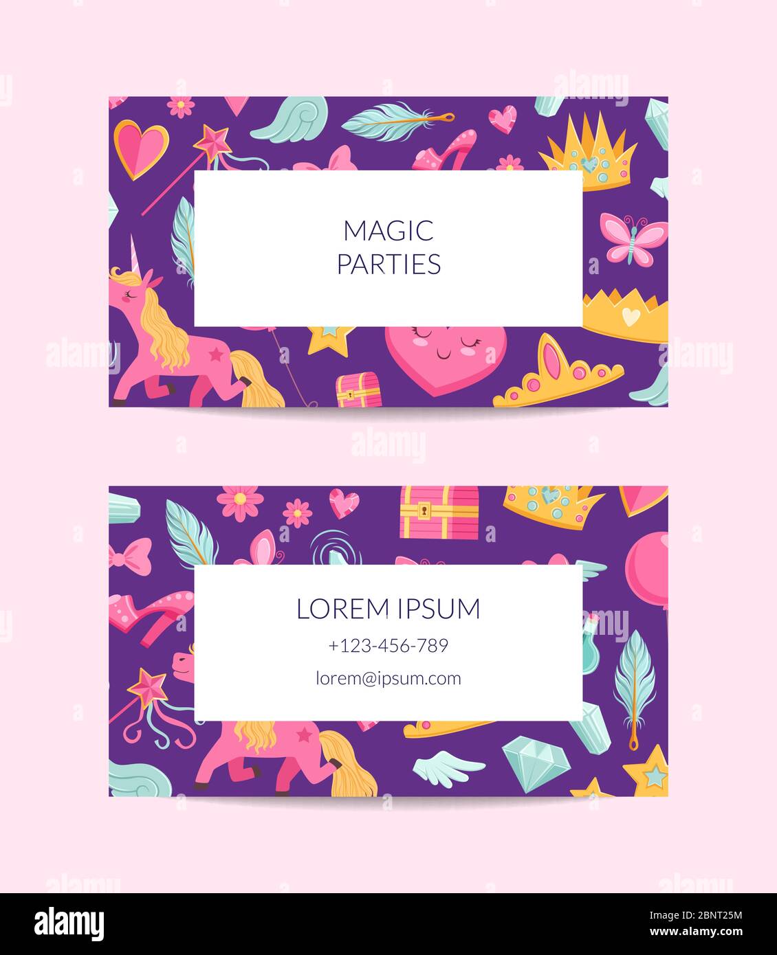 Vettore carino cartoon magia e fiaba modello di biglietto da visita Illustrazione Vettoriale