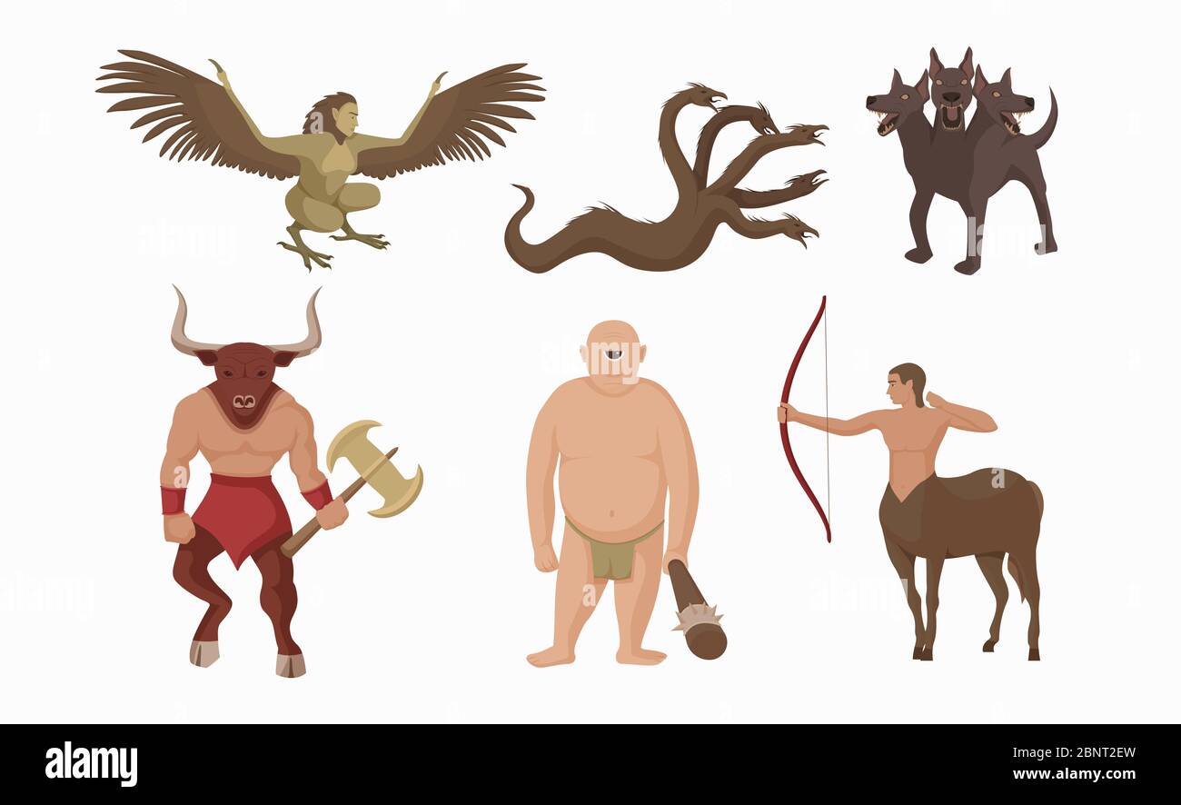 Creature mitiche grecia. Antichi personaggi mitologici greci centauro con arco minotauro battaglia ascia. Illustrazione Vettoriale