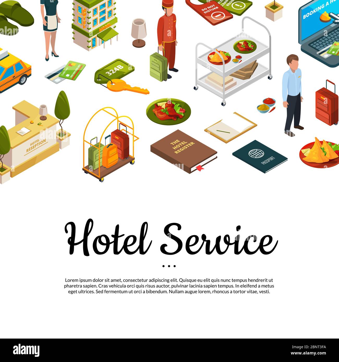 Sfondo delle icone isometriche degli alberghi vettoriali con posto per l'illustrazione del testo Illustrazione Vettoriale