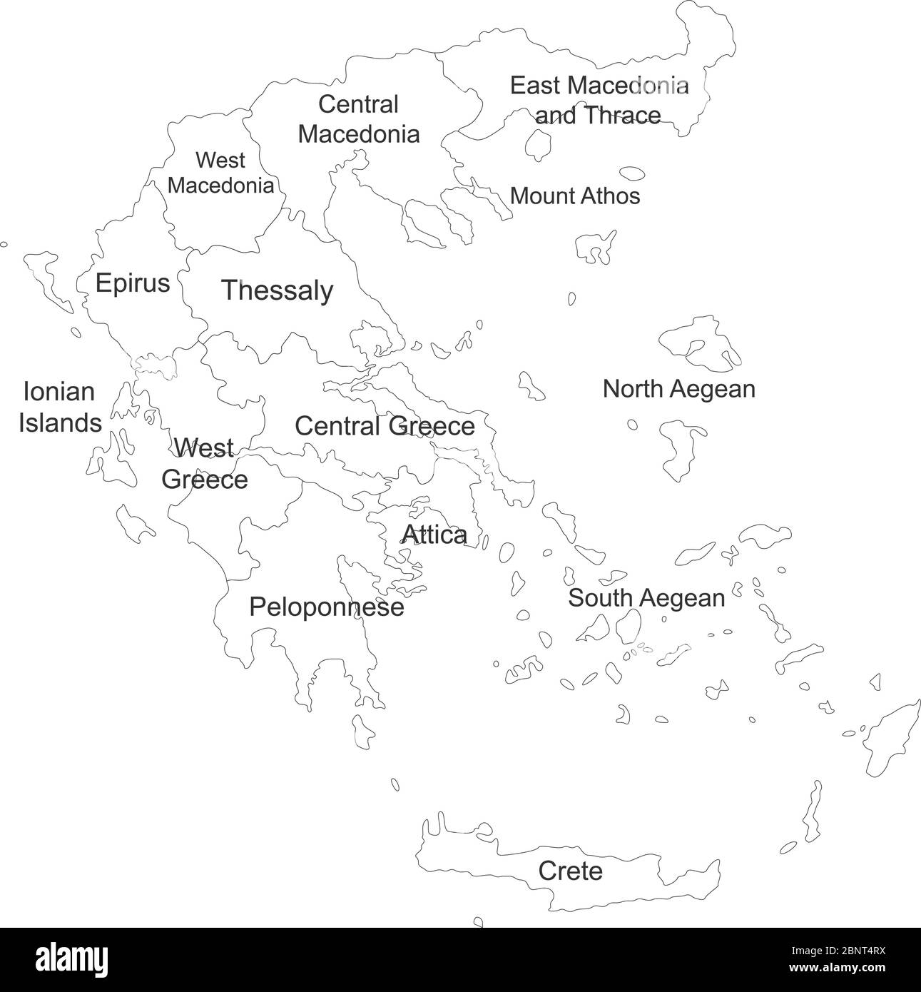 Mappa della Grecia con etichette dei nomi su sfondo bianco. Mappa politica. Perfetto per concetti aziendali, sfondi, sfondo, poster, adesivi, banner, etichetta A. Illustrazione Vettoriale