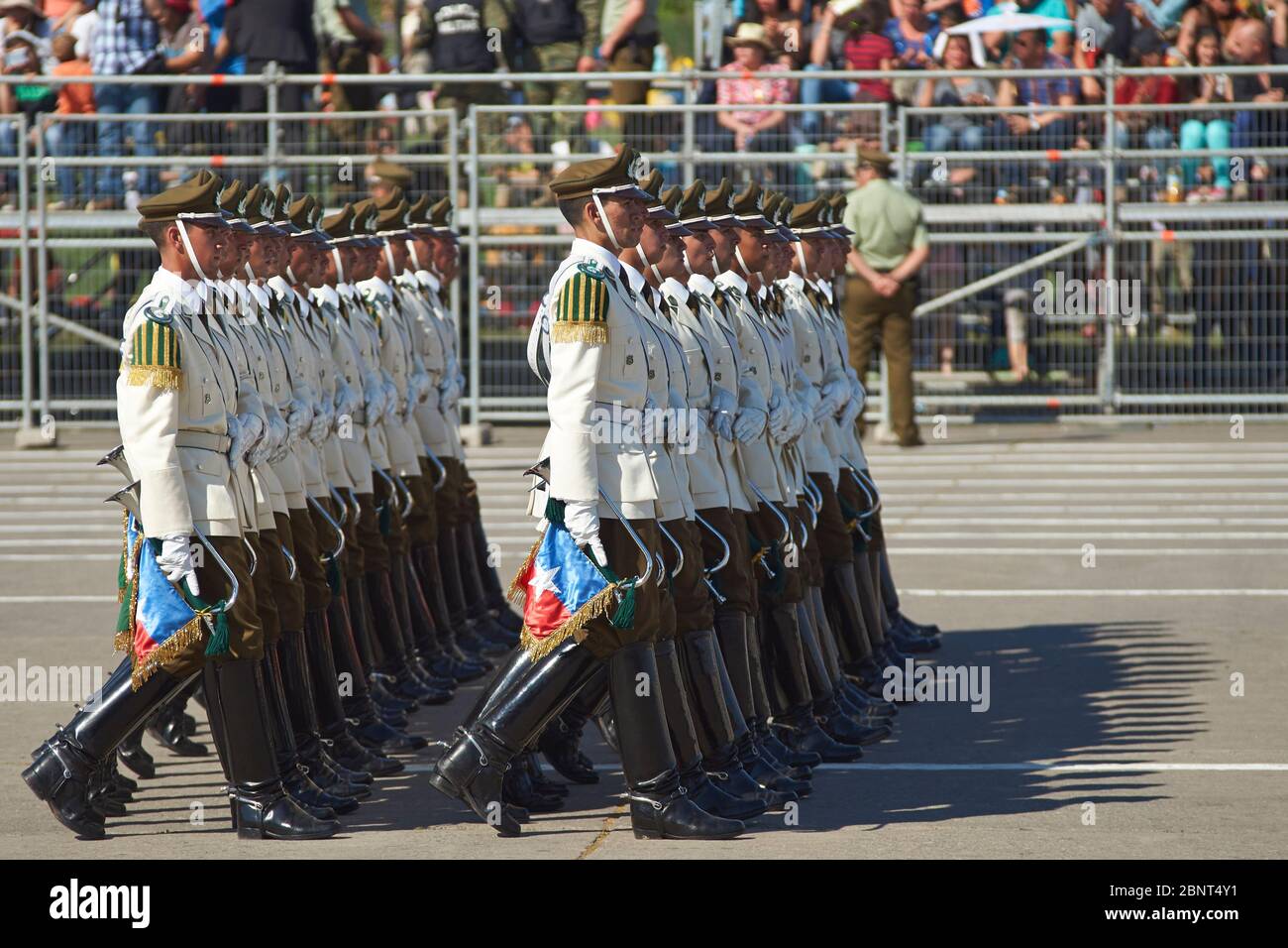 Marzo passato dal Carabinero alla parata militare annuale come parte delle commemorazioni delle Fiestas Patrias a Santiago, Cile. Foto Stock