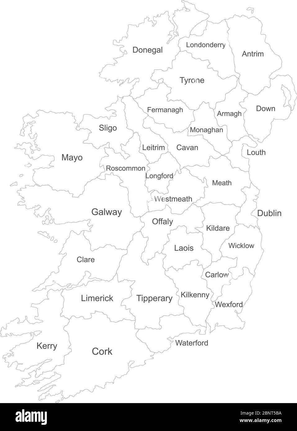 Mappa dell'Irlanda con etichette per i nomi. Perfetto per concetti aziendali, sfondi, sfondo, poster, adesivi, banner, etichetta, grafico e sfondo. Illustrazione Vettoriale