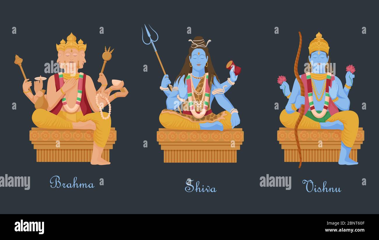 Divinità dell'induismo vishnu, shiva, brahma. Tre divinità indù principali creatori di universo. Illustrazione Vettoriale