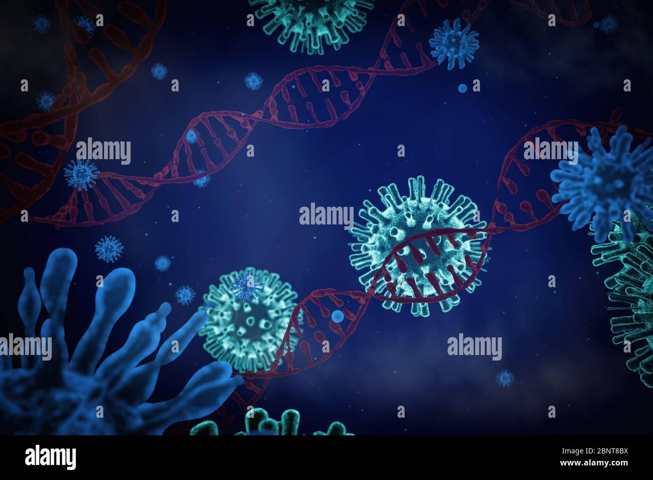 Primo piano del virus su uno sfondo di un'elica del DNA, RNA e virus, rendering 3D Foto Stock