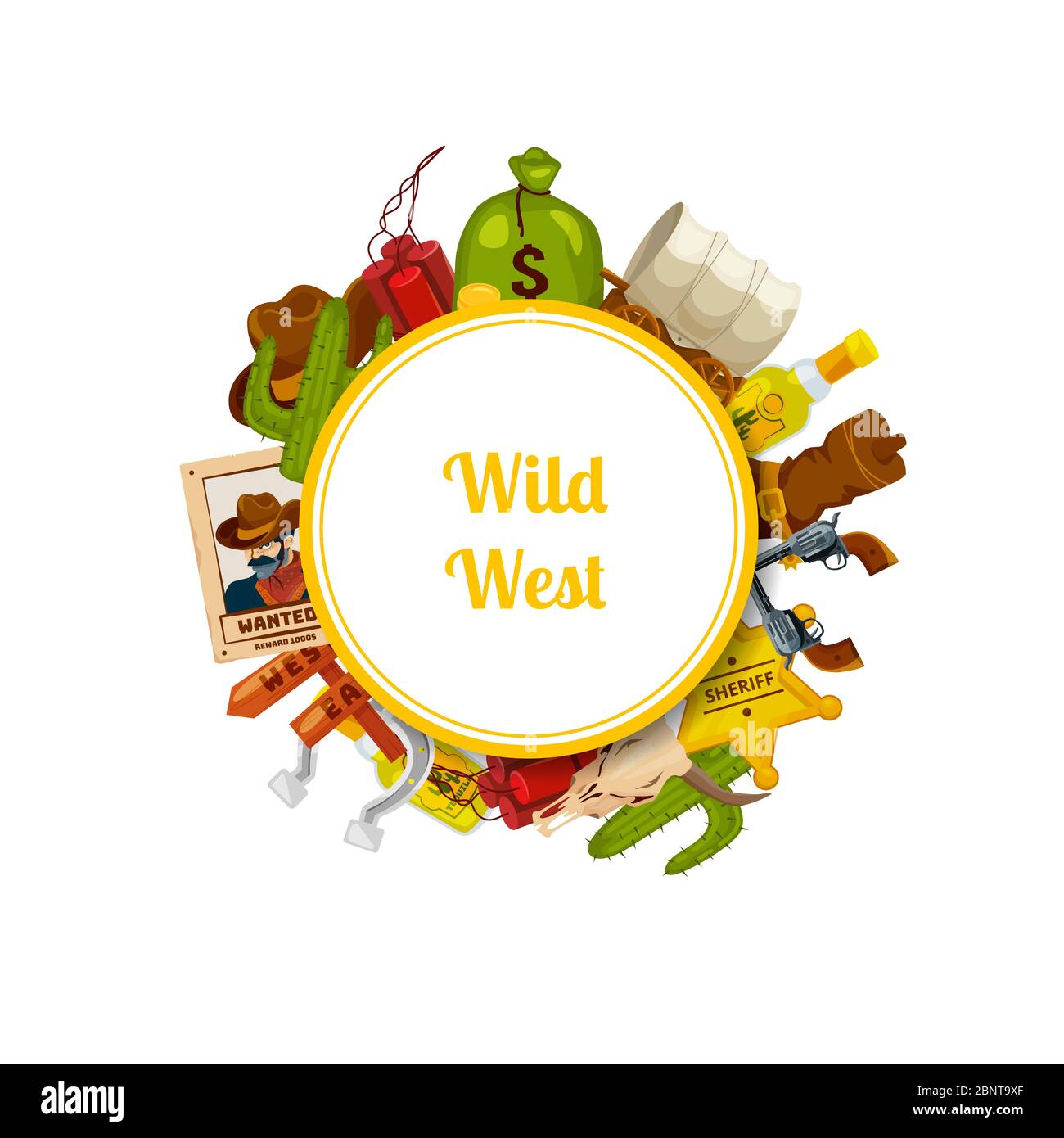 Cartoon vettoriale elementi wild West con illustrazione del testo del luogo Illustrazione Vettoriale