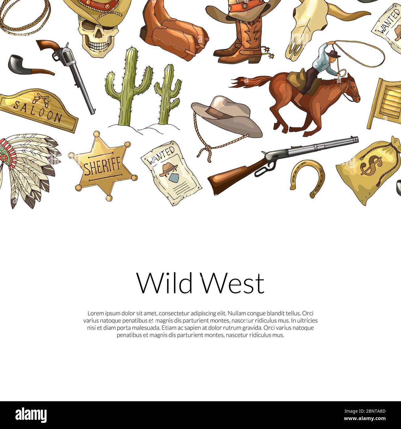 Vettore disegnato cowboy selvaggio ovest Illustrazione Vettoriale