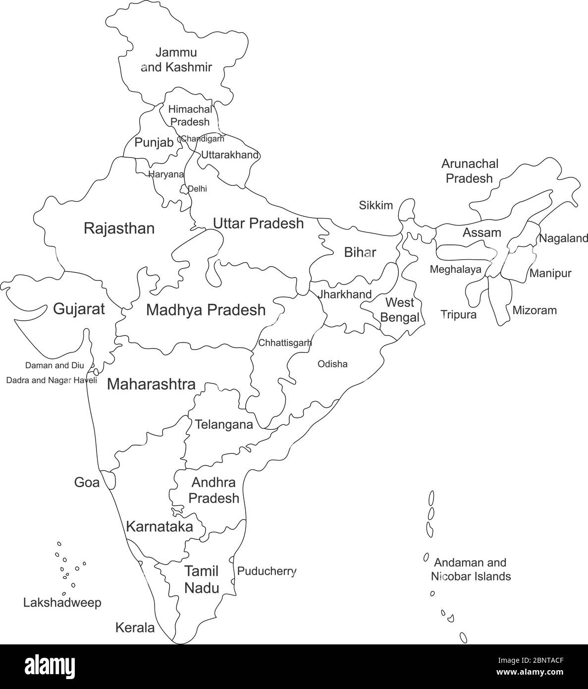 Mappa politica dell'India con etichette di nome. Perfetto per concetti aziendali, sfondi, sfondo, poster, adesivi, banner, etichetta, grafico e sfondo. Illustrazione Vettoriale
