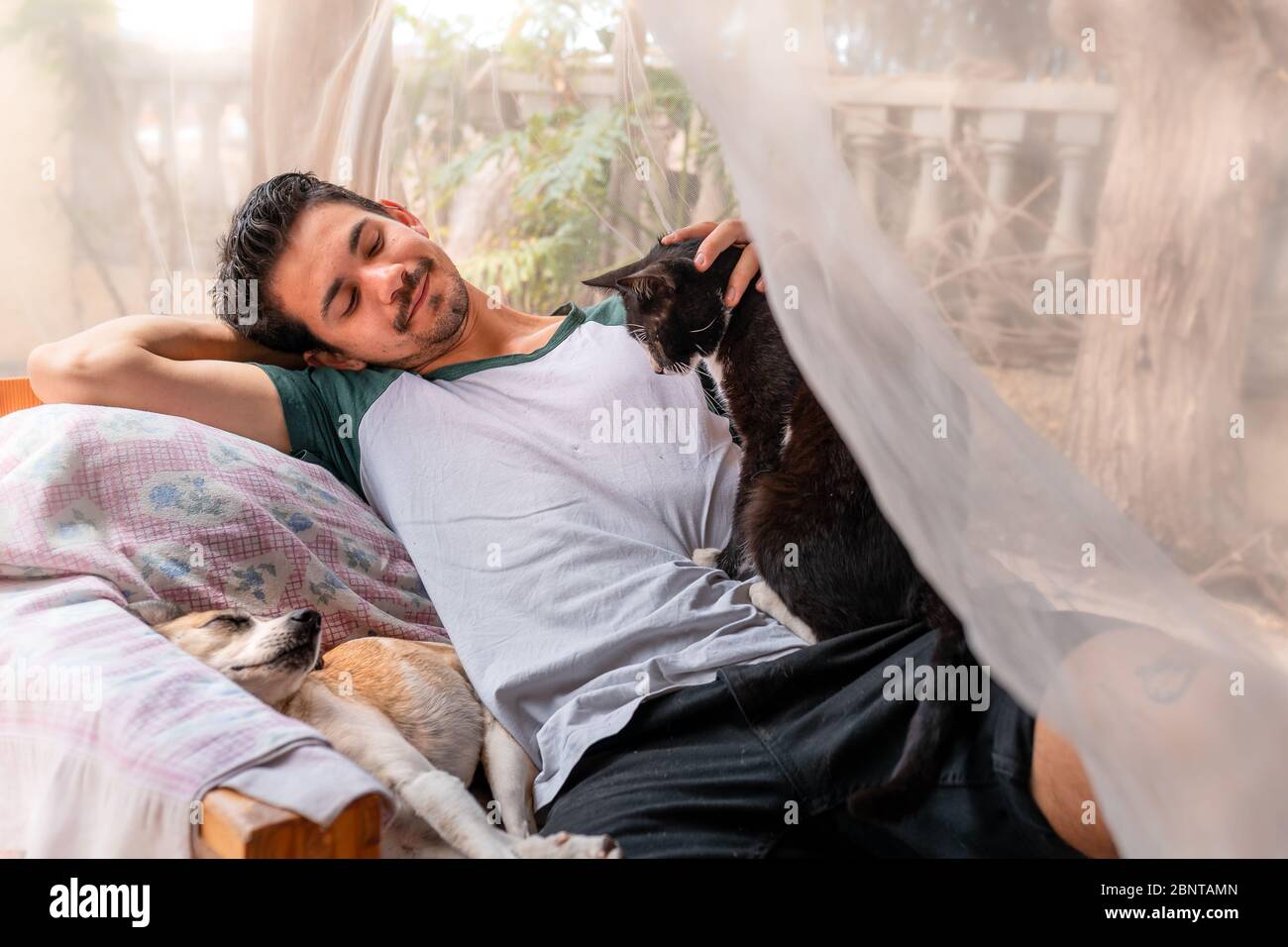 un giovane che si distende su una poltrona nel giardino dietro una zanzariera, fa un passo su un gatto nero seduto al suo fianco Foto Stock