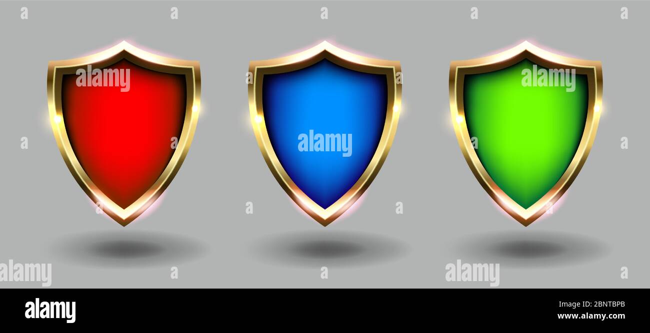 Schermi colorati Set banner, sfondo grigio. Stemmi rossi, blu e verdi illustrazioni vettoriali realistiche. Sicurezza e protezione Illustrazione Vettoriale