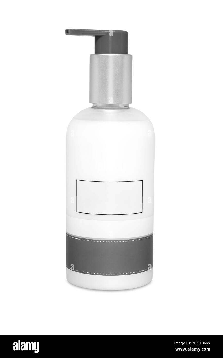 Dispenser per bottiglie di sapone isolato su sfondo bianco Foto Stock