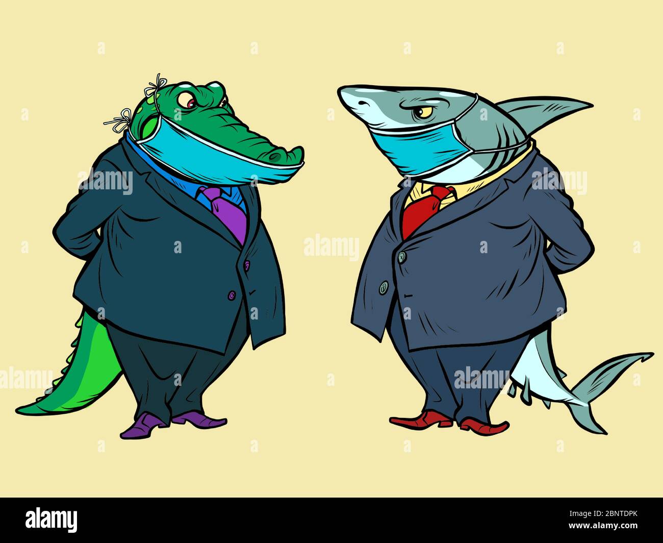 quarantena maschera medica. squalo e coccodrillo. due uomini d'affari comunicano, riunione di affari Illustrazione Vettoriale