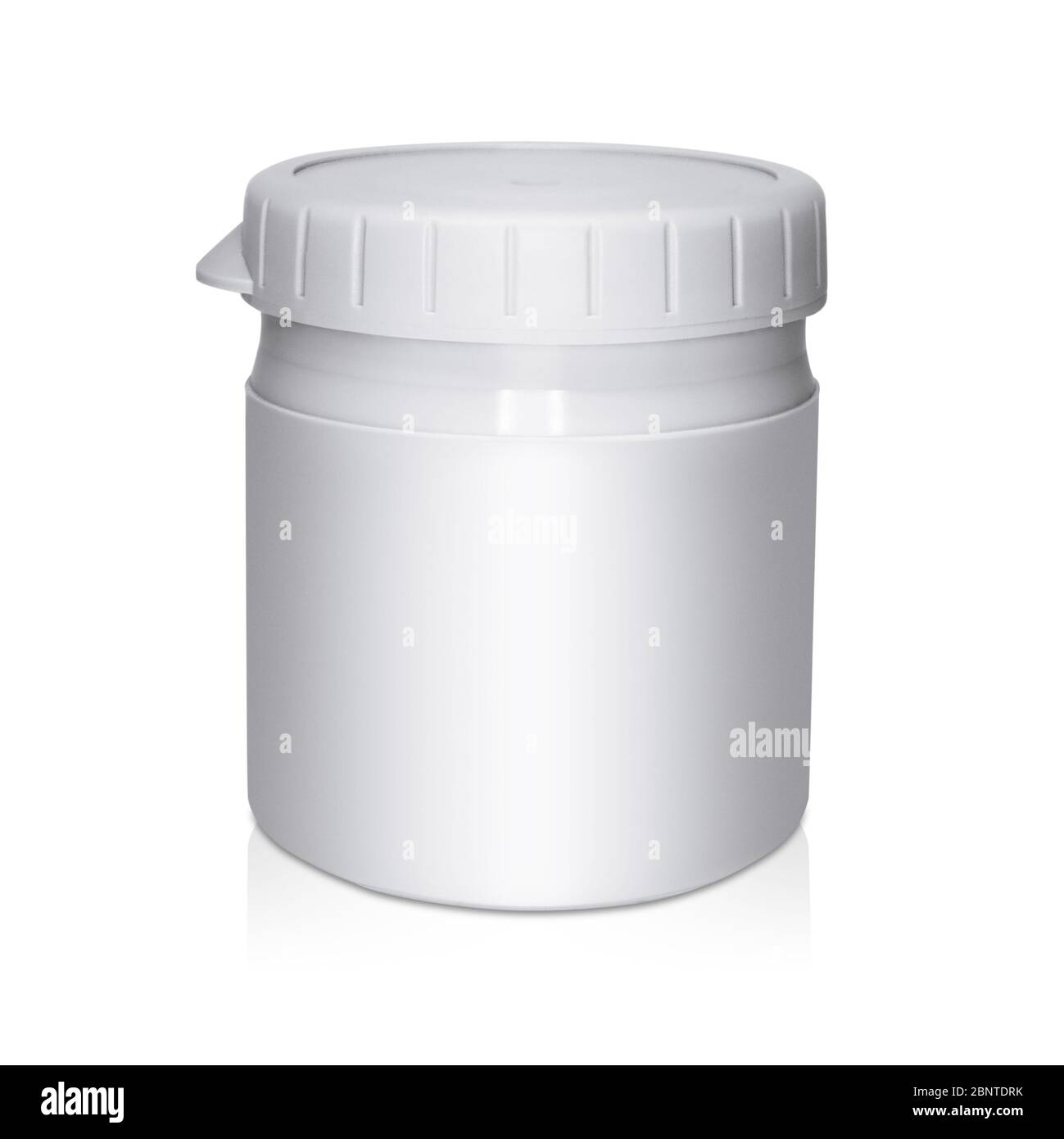 Contenitore grigio in plastica crema su sfondo bianco con riflessi Foto Stock