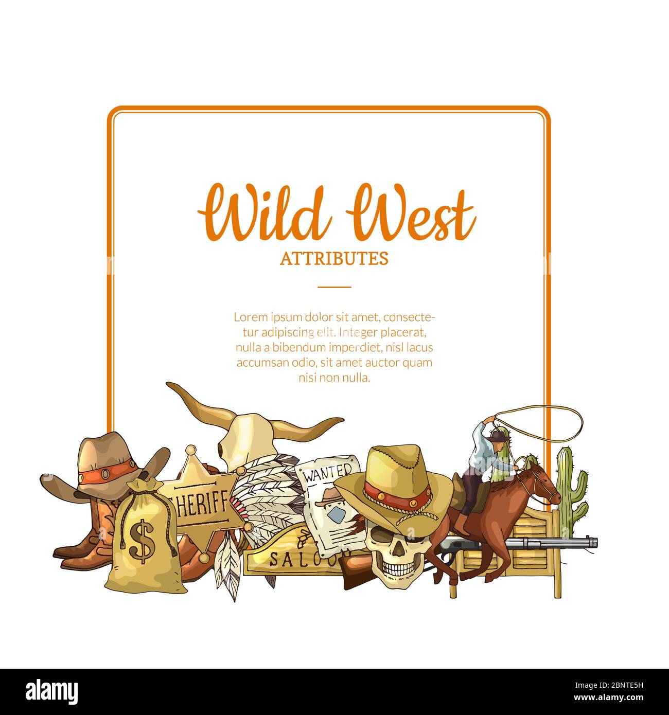 Vettore mano disegnata elementi cowboy ovest selvaggio sotto cornice con luogo per illustrazione di testo Illustrazione Vettoriale