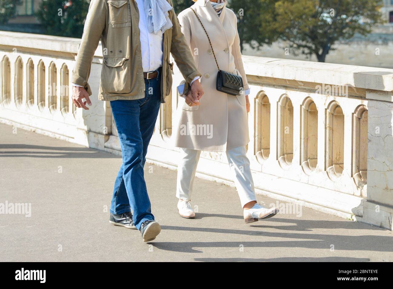 Una coppia anziana ben vestita cammina e tiene le mani in una Parigi Foto Stock