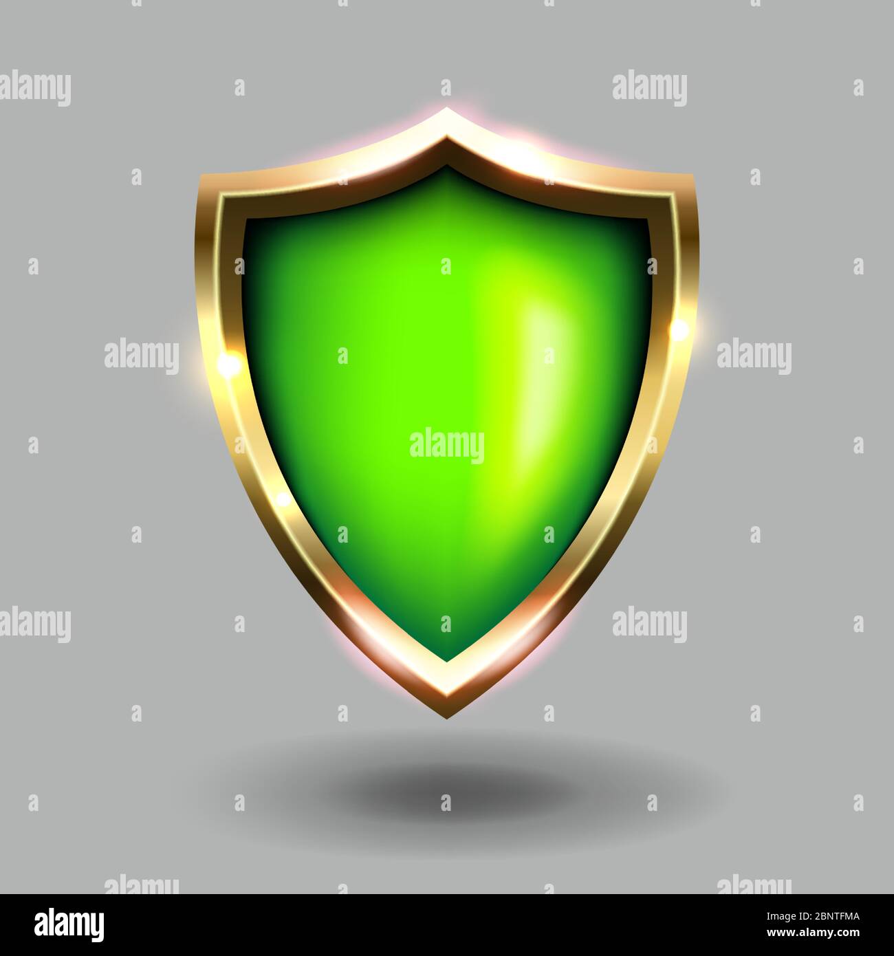 Icona di protezione verde e oro su sfondo grigio. Stemmi verdi illustrazioni vettoriali realistiche. Simbolo di sicurezza e protezione Illustrazione Vettoriale