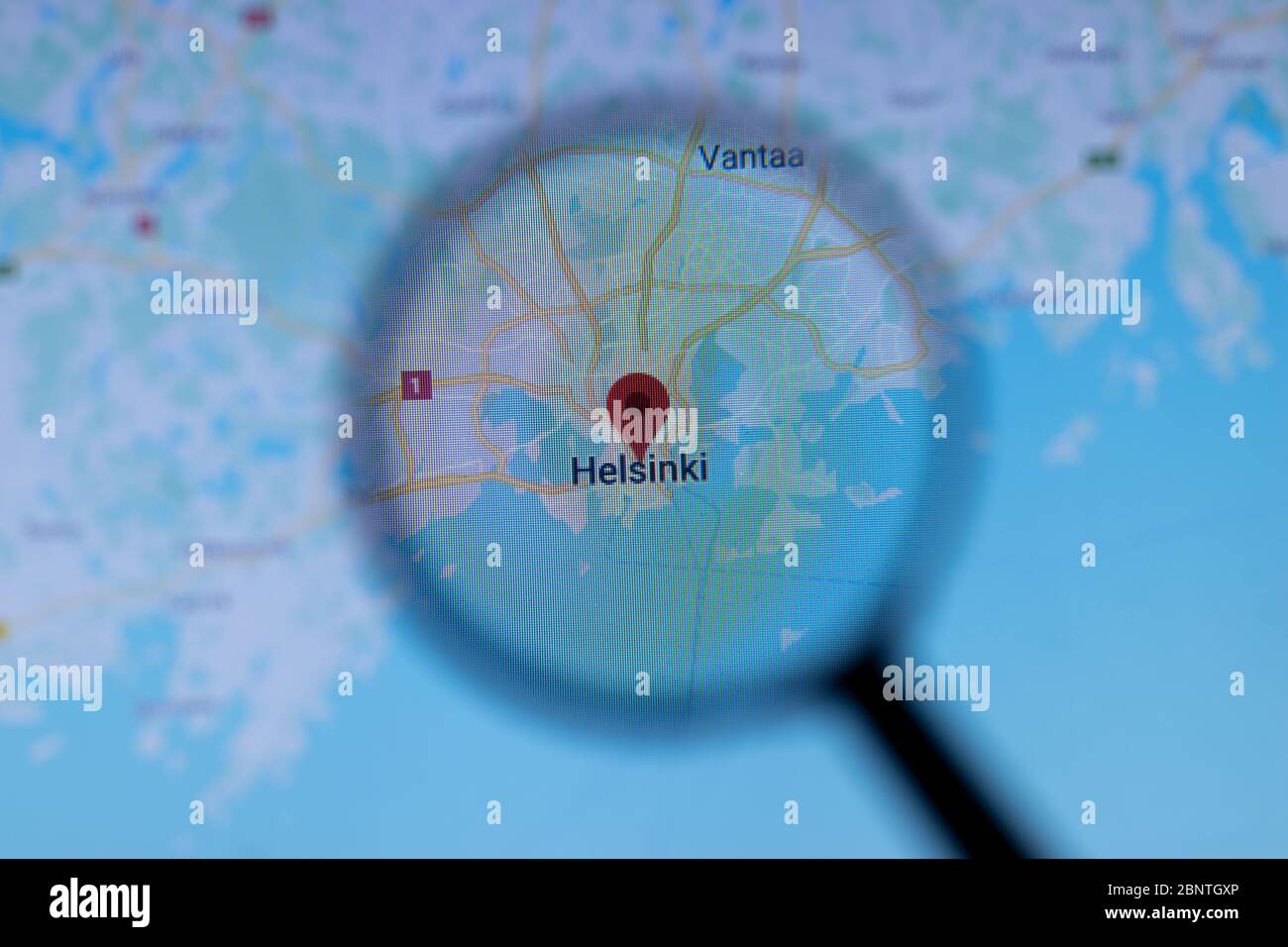 Los Angeles, California, USA - 1 maggio 2020: Nome della città di Helsinki con posizione sulla mappa in primo piano, editoriale illustrativo Foto Stock