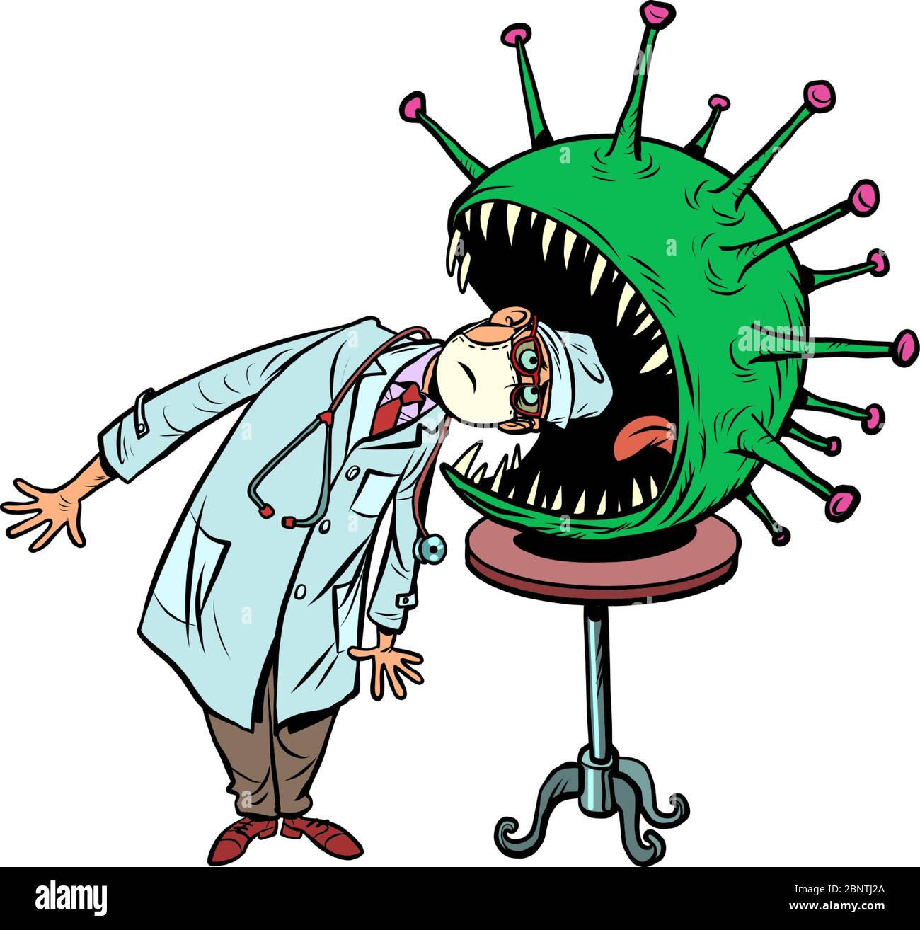 Il medico rischia la sua vita, infezione con il concetto di coronavirus. Pericoloso trucco circo Illustrazione Vettoriale