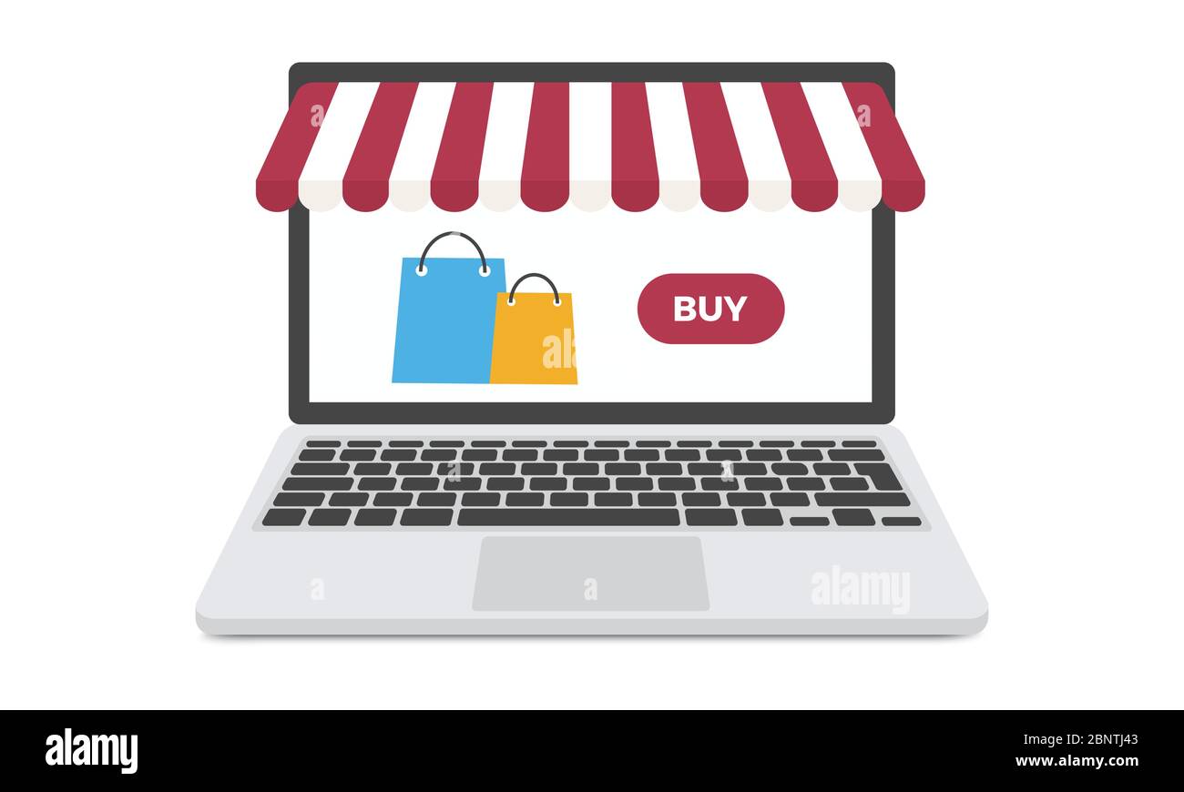 Concetto di shopping online. Computer portatile con borse. Progettazione vettoriale e-commerce. Illustrazione Vettoriale