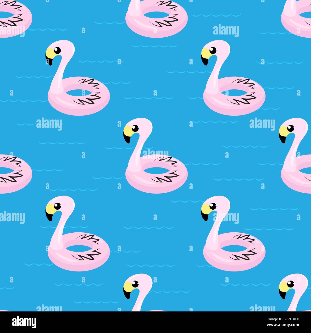 Giocattolo gonfiabile rosa Flamingo modello senza cuciture su blu. Anello piscina per bambini. Gomma tropicale Bird forma Illustrazione Vettoriale