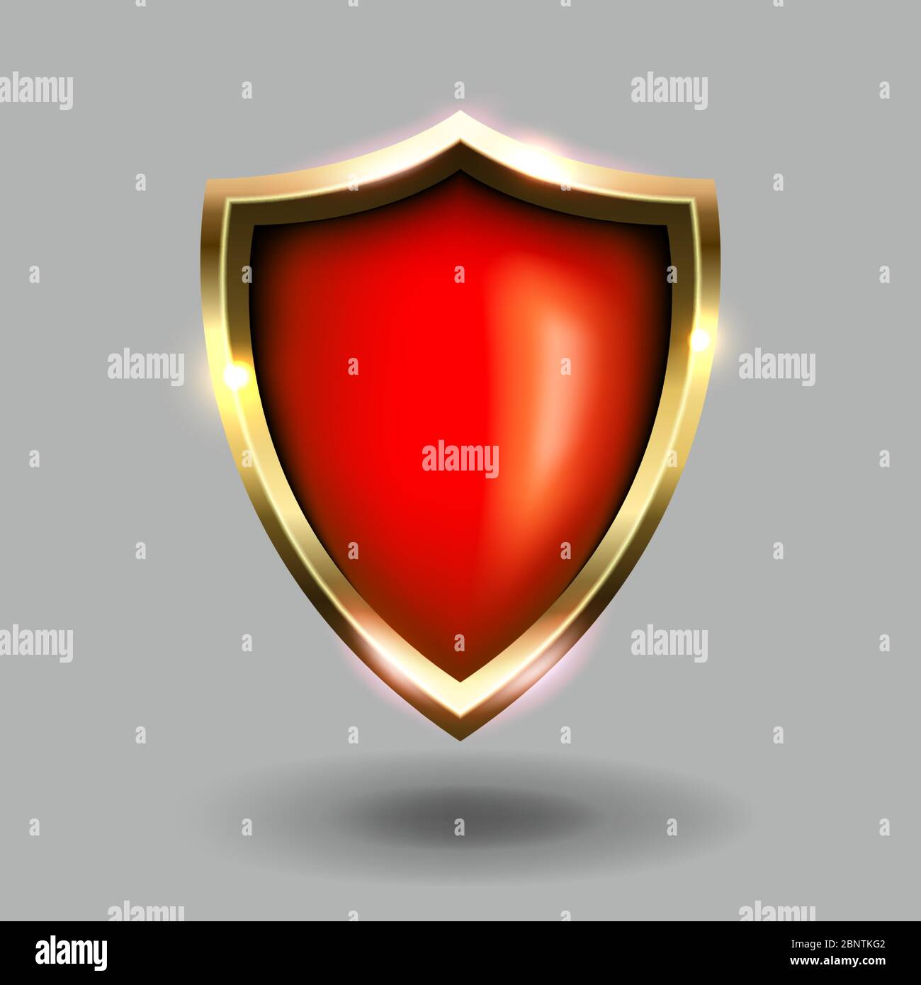icona di protezione rossa e oro su sfondo grigio. Stemmi verdi illustrazioni vettoriali realistiche. Simbolo di sicurezza e protezione Illustrazione Vettoriale