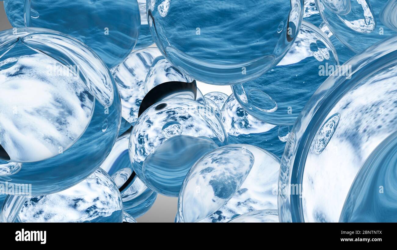 Gocce d'acqua con schiuma di mare, rendering 3D Foto Stock