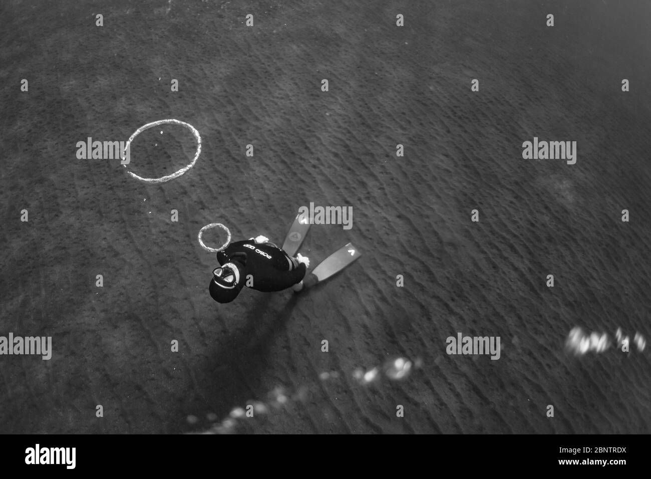 Freediver subacqueo che soffia anelli bolla nelle acque poco profonde di Tenerife, Isole Canarie, Spagna. Foto Stock