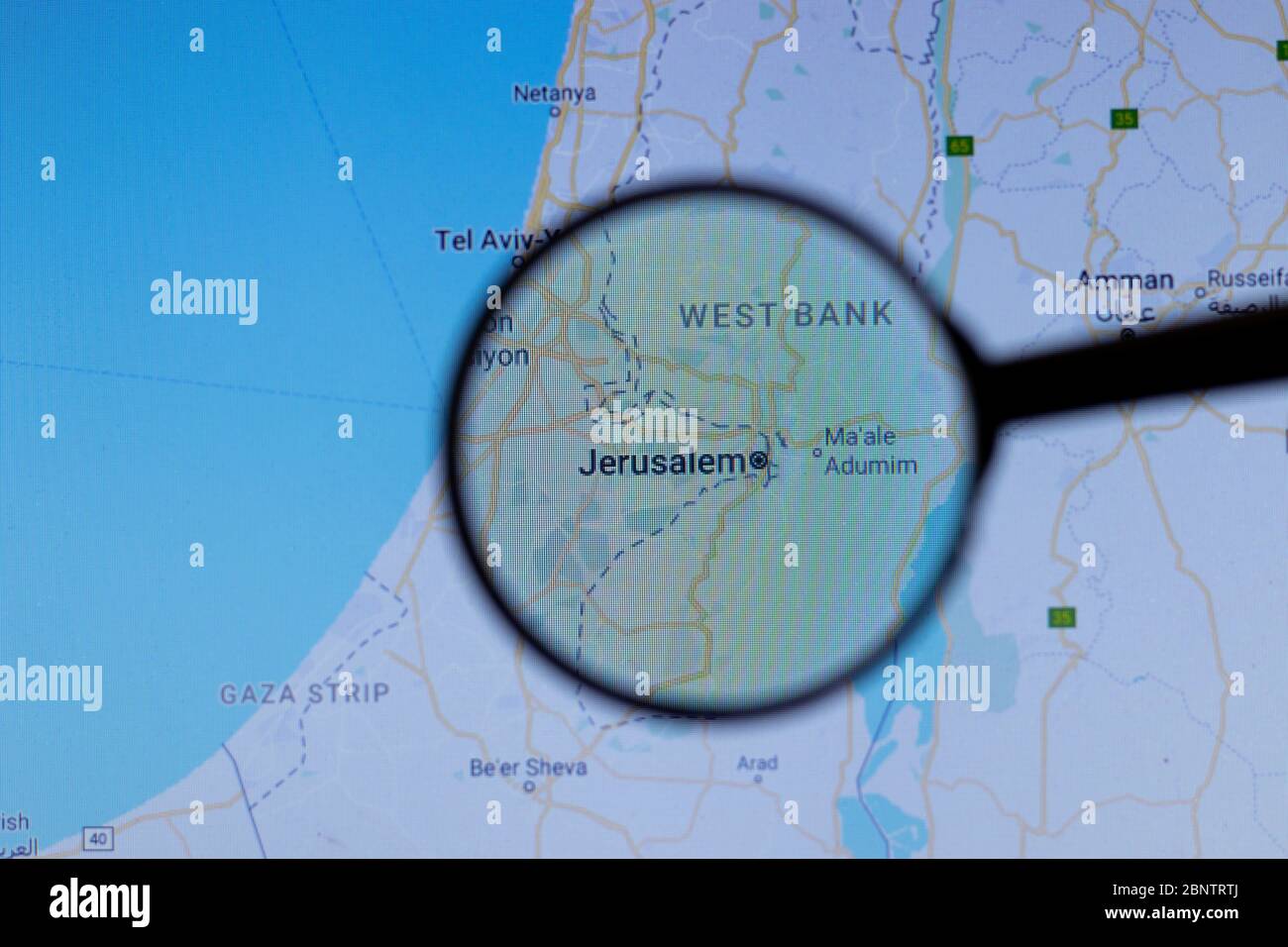 Los Angeles, California, USA - 1 maggio 2020: Nome della città di Gerusalemme con posizione sulla mappa in primo piano, editoriale illustrativo Foto Stock
