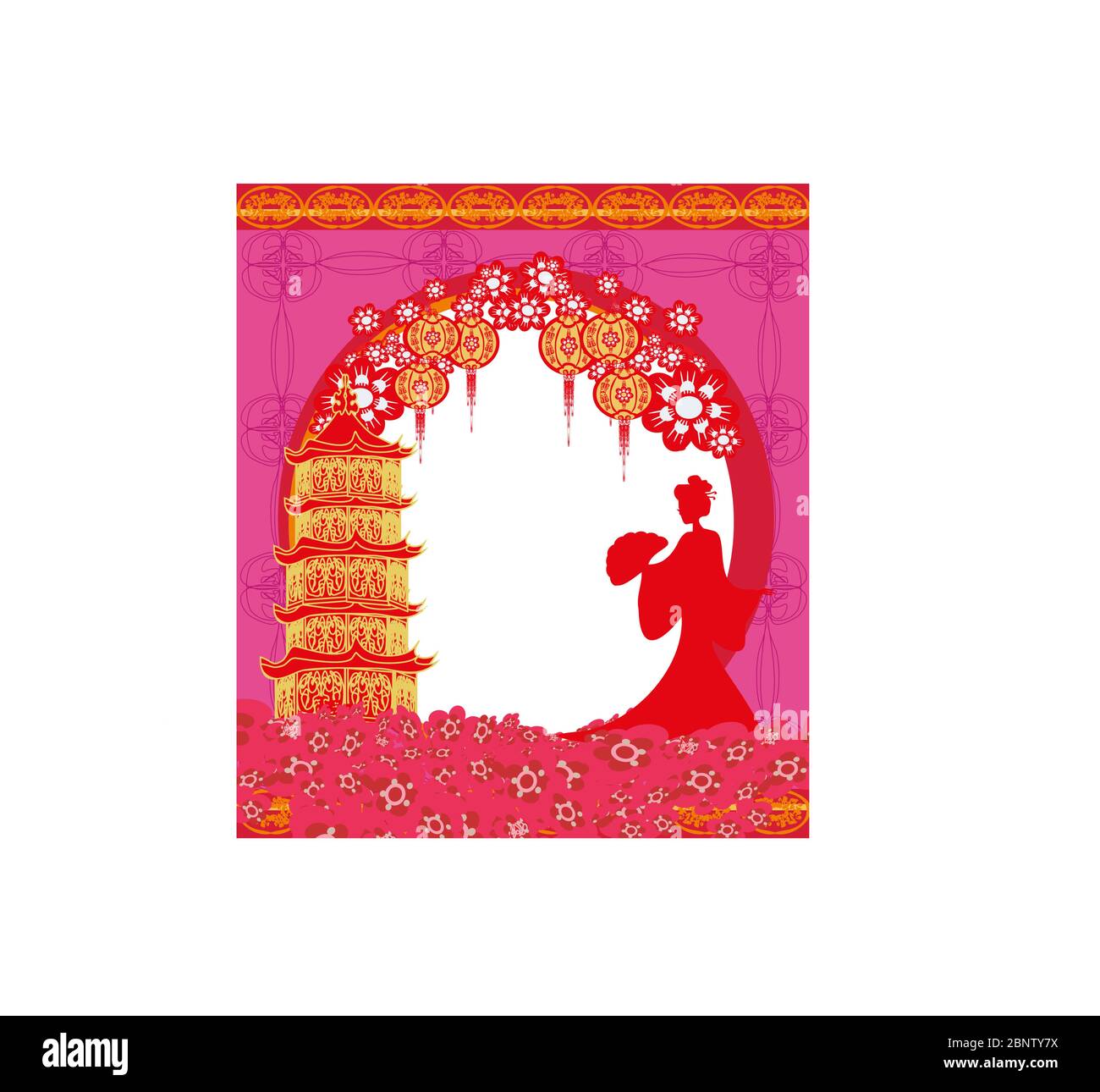 Abstract cornice decorativa con ragazza asiatica Illustrazione Vettoriale