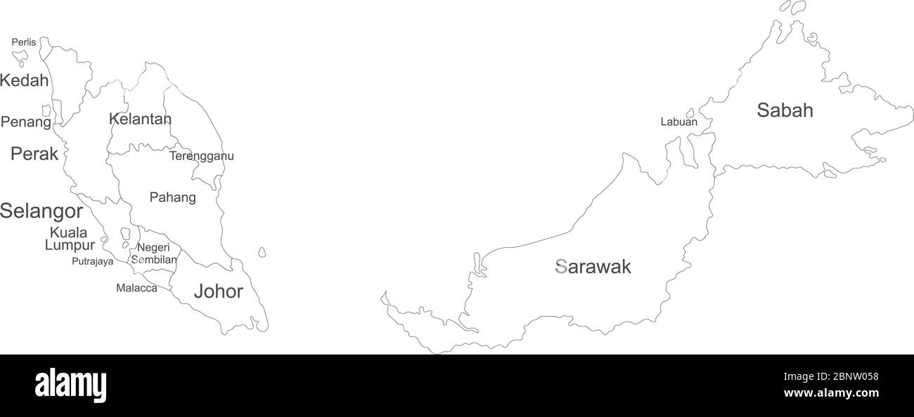 Malesia Stati federali mappa con etichette di nome su sfondo bianco. Perfetto per concetti aziendali, sfondi, sfondo, poster, adesivi, banner, etichetta Illustrazione Vettoriale