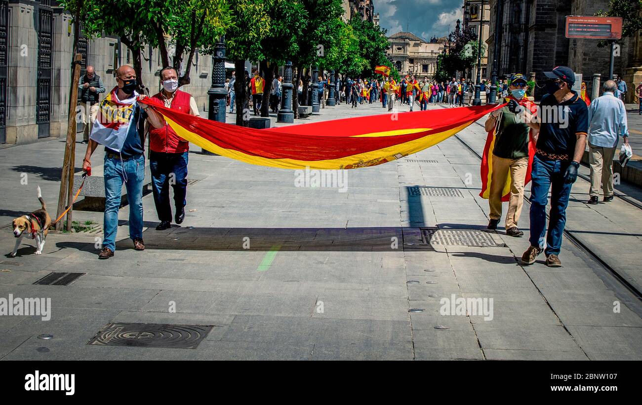 Dimostrazione di strada degli elettori Vox del partito di estrema destra spagnolo durante la pandemia del coronavirus. Fuoco selettivo sul shi Foto Stock