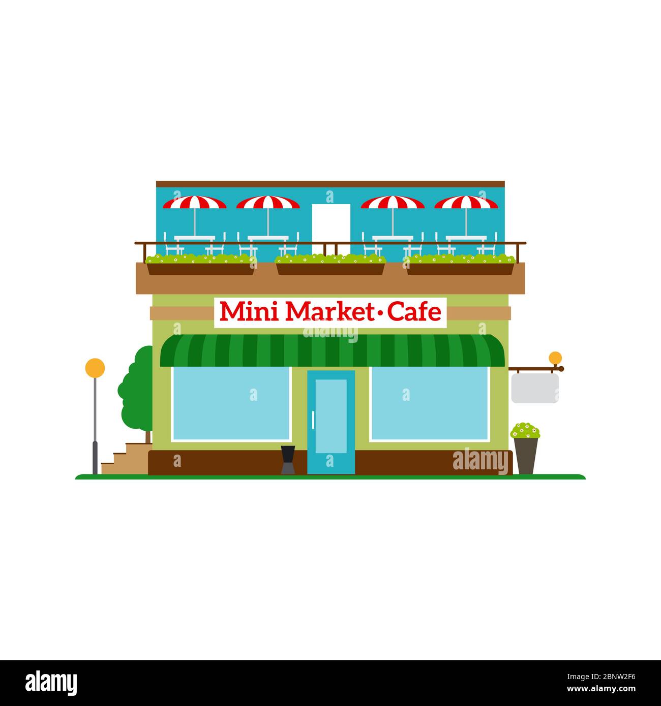 Icona in stile piatto del Mini Market Cafe isolata su bianco. Illustrazione vettoriale Illustrazione Vettoriale