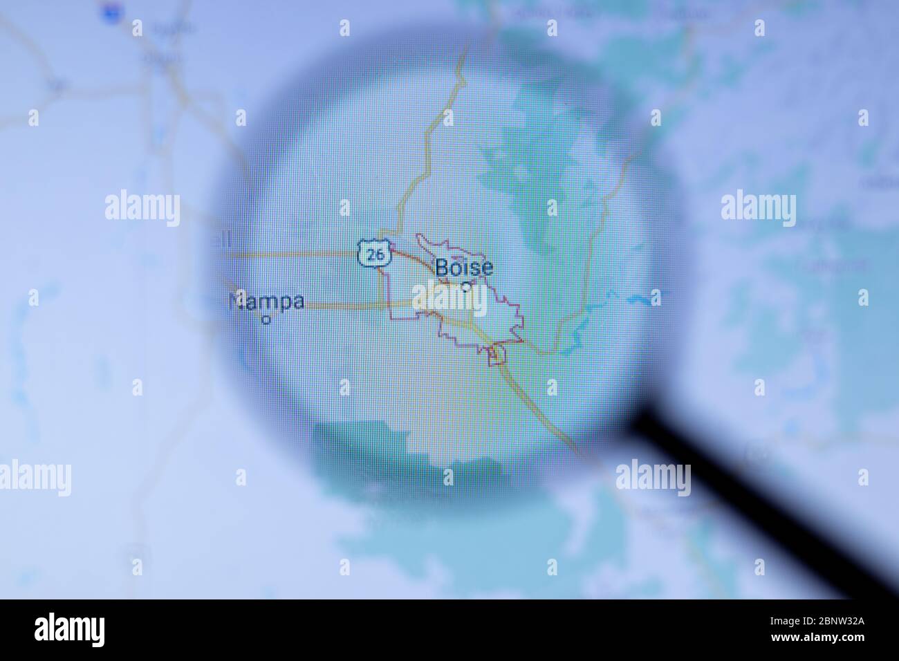 Los Angeles, California, USA - 1 maggio 2020: Nome della città di Boise con posizione sulla mappa in primo piano, editoriale illustrativo Foto Stock