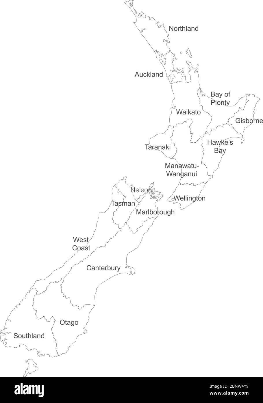 Mappa della Nuova zelanda con etichette dei nomi su sfondo bianco. Mappa politica. Perfetto per concetti aziendali, sfondi, sfondo, poster, adesivi, banner, la Illustrazione Vettoriale