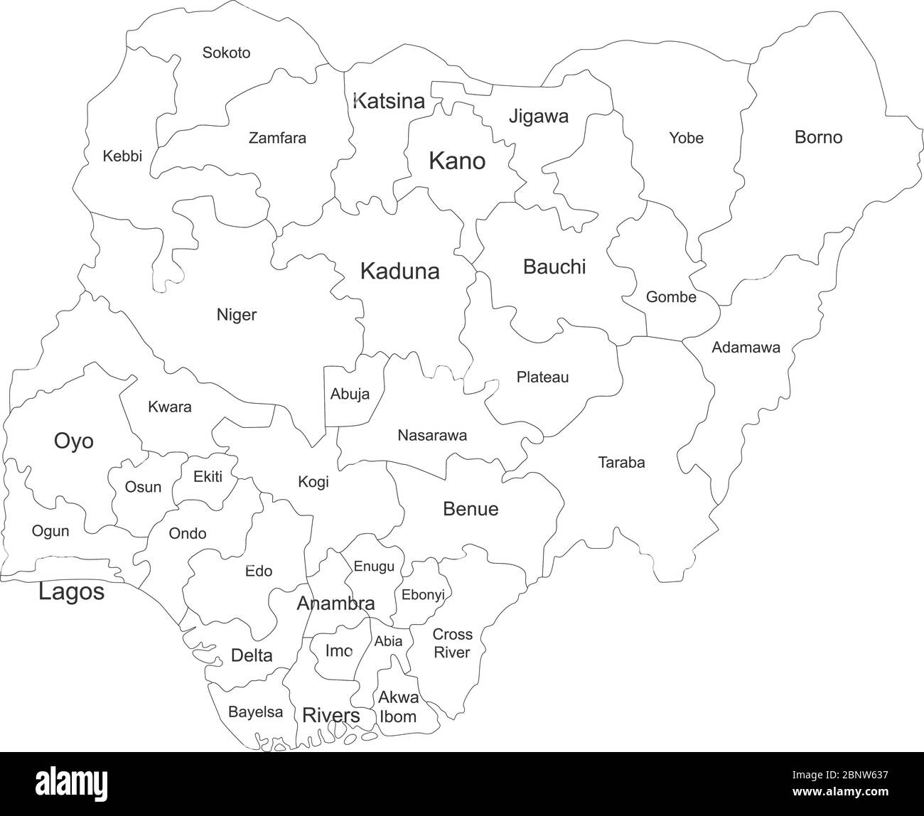 Mappa della regione della Nigeria con etichette per i nomi. Mappa politica. Perfetto per concetti aziendali, sfondi, sfondo, poster, adesivi, banner, etichette e sfondo Illustrazione Vettoriale