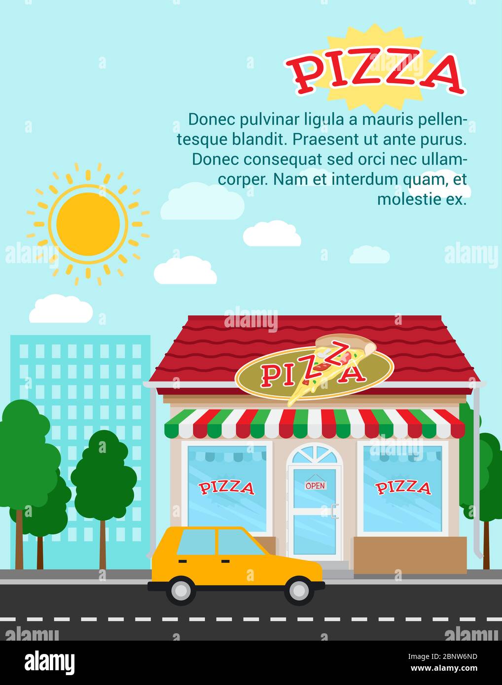 Banner pubblicitario pizza con negozio costruzione e paesaggio, illustrazione vettoriale Illustrazione Vettoriale