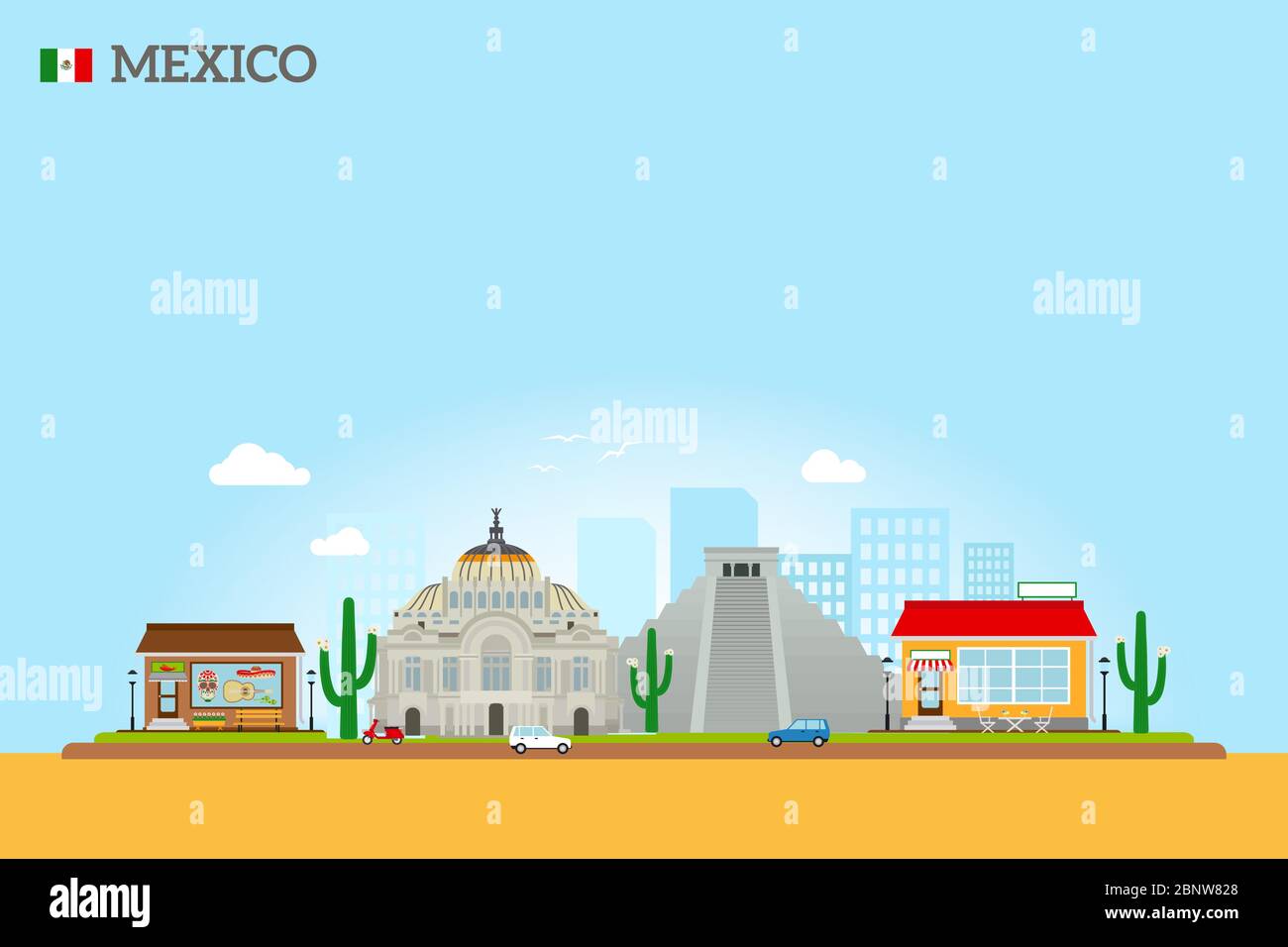 Messico monumenti skyline colorato illustrazione su sfondo blu cielo. Icona vettore Illustrazione Vettoriale
