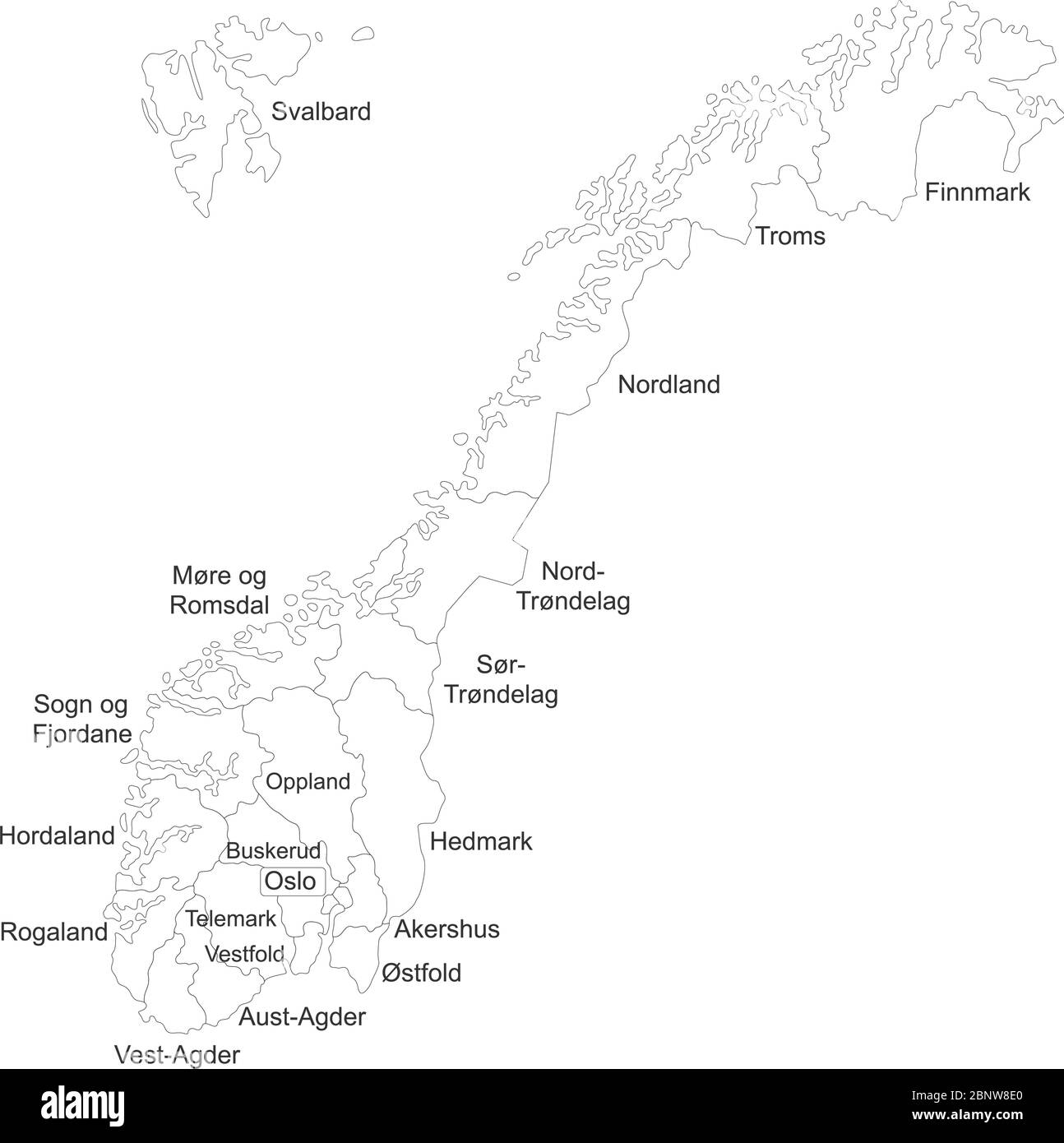 Mappa della regione norvegese con etichette per i nomi. Mappa politica. Perfetto per concetti aziendali, sfondi, sfondo, poster, adesivi, banner, etichette e sfondo. Illustrazione Vettoriale