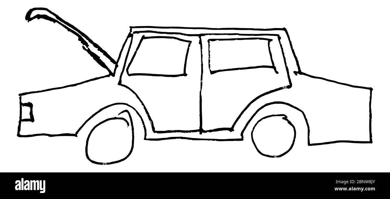 Illustrazione in stile capretto disegno di auto rotta sulla strada e bisogno di un certo aiuto Foto Stock
