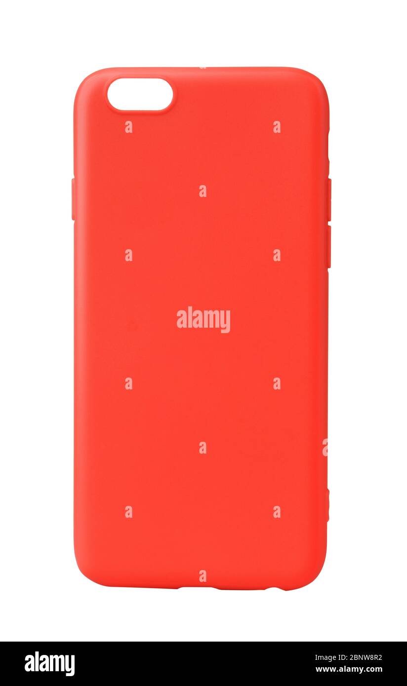 Vista posteriore della custodia in silicone rosso per smartphone isolata su bianco Foto Stock