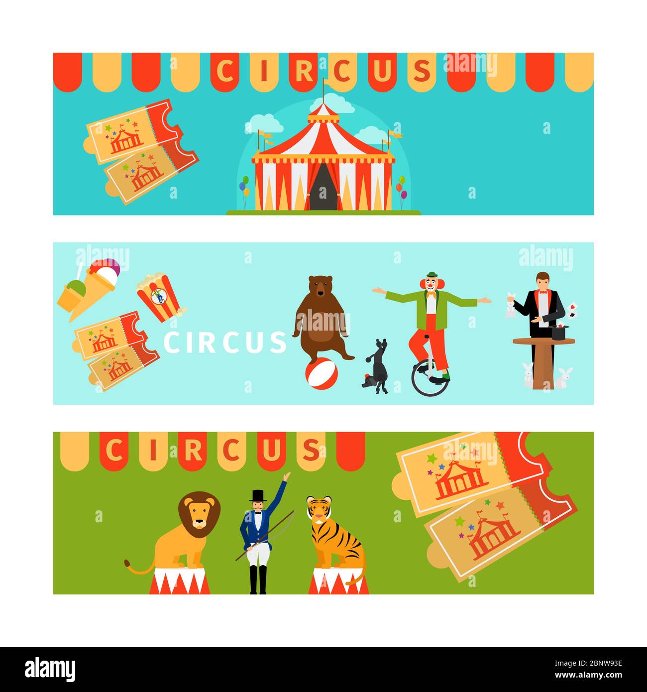 Striscioni Circus in stile moderno e piatto. Illustrazione vettoriale Illustrazione Vettoriale