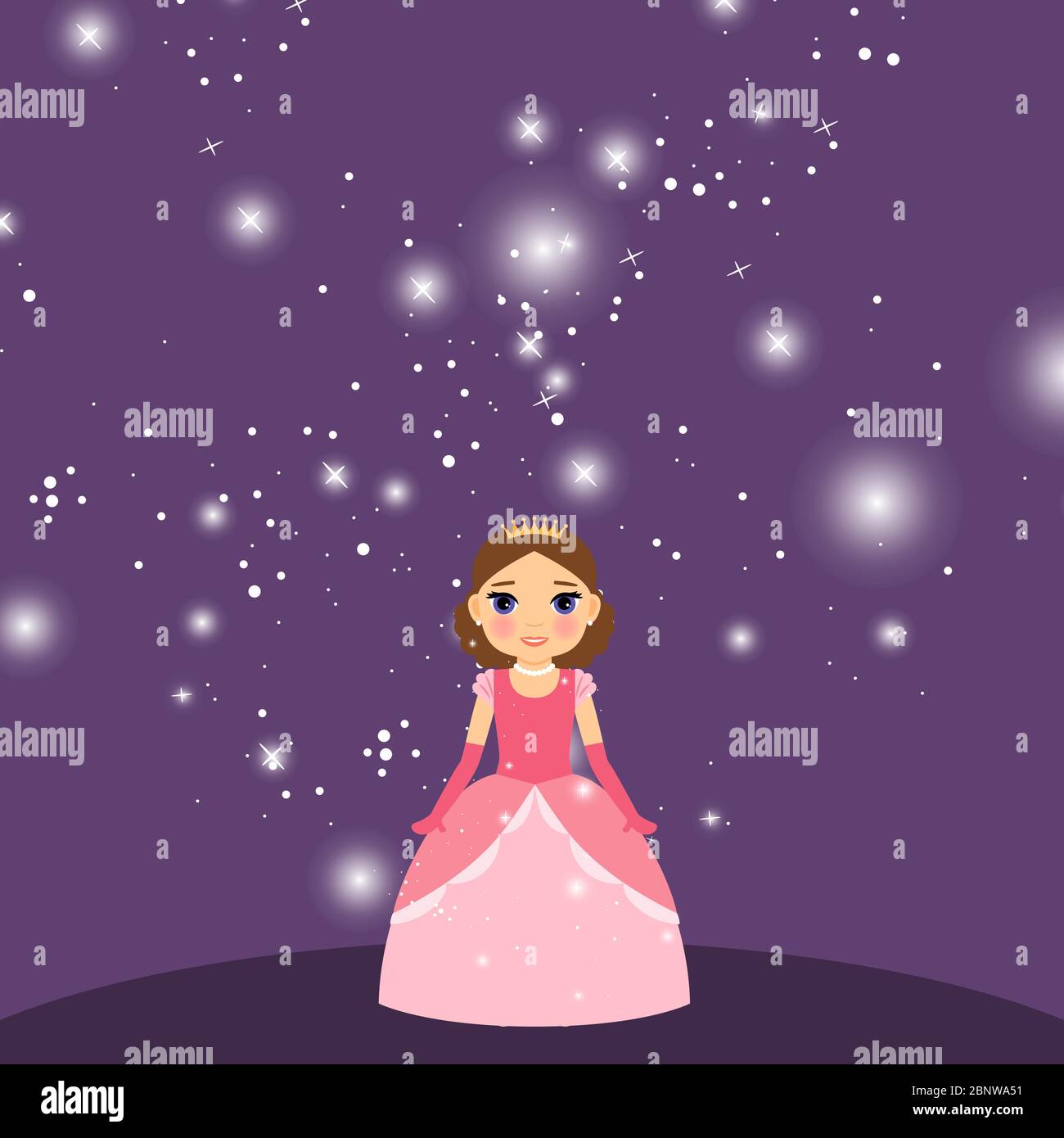 Bella principessa cartoon con luci sullo sfondo viola. Illustrazione vettoriale Illustrazione Vettoriale