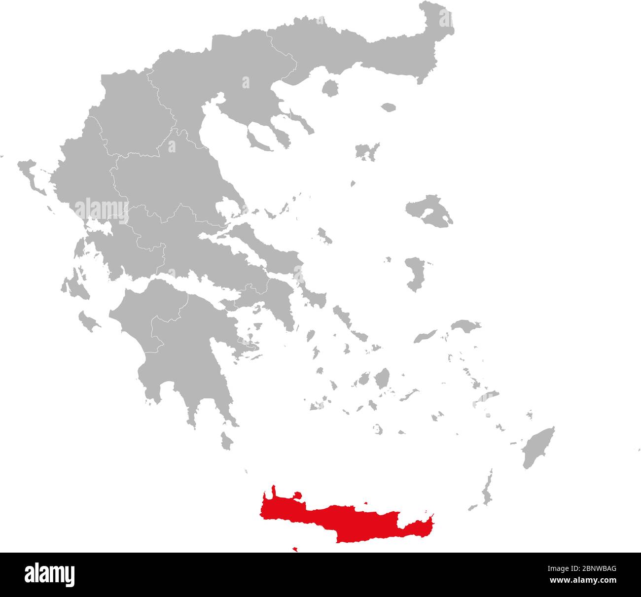 Isola di Creta evidenziata di colore rosso sul vettore della mappa della grecia. Paese europeo. Sfondo grigio. Illustrazione Vettoriale
