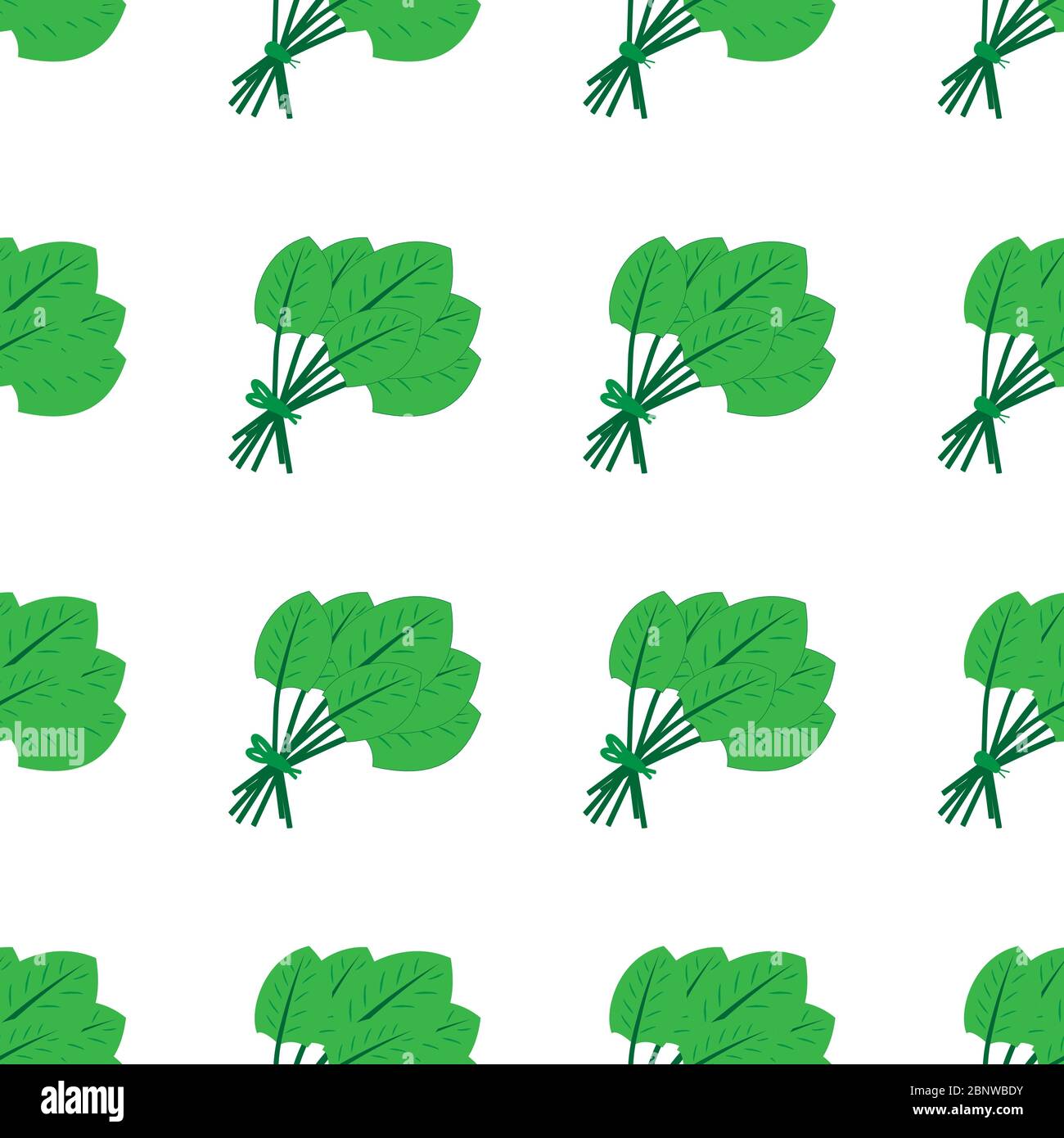 Motivo senza cuciture realizzato in un mazzo di spinaci verde piatto. Isolato su sfondo bianco. Illustrazione del vettore. Illustrazione Vettoriale