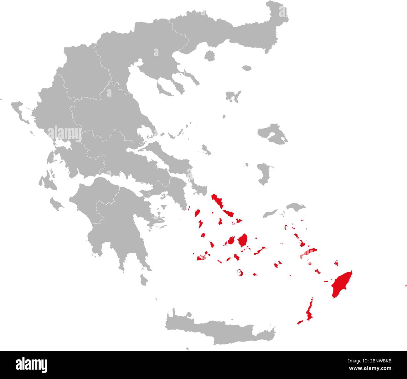 Provincia del Sud egeo evidenziata in rosso sul vettore della mappa della grecia. Sfondo grigio. Illustrazione Vettoriale